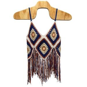 Crochet Fringe Tank Top Bohemian Festival Blue Orange Size M FL‎ Gators Auburn